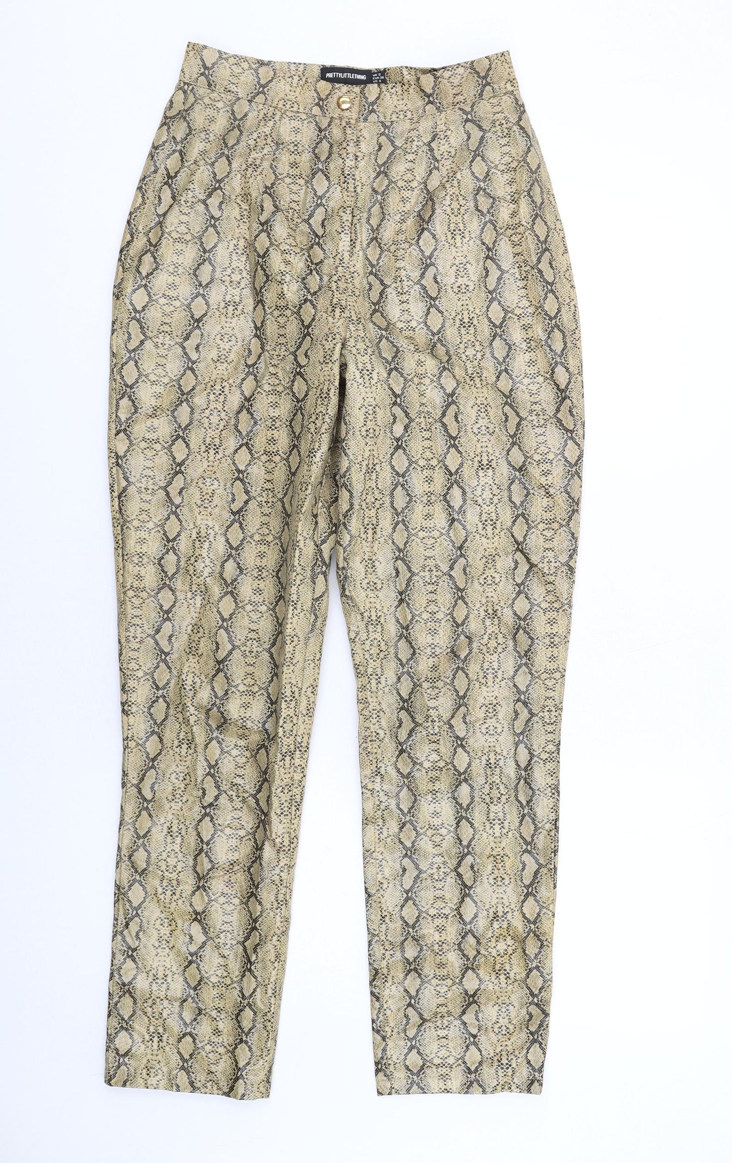 PRETTYLITTLETHING Womens Beige Animal Print Polyurethane Trousers Size 8 L30 in Regular Zip - Snake Print
