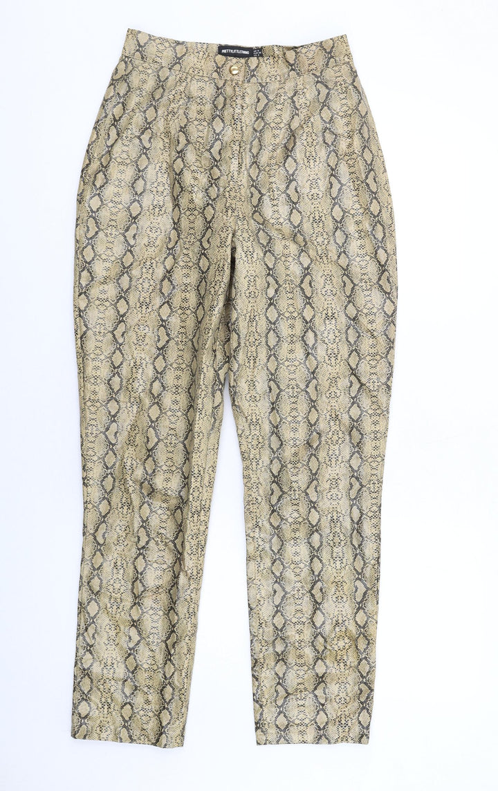 PRETTYLITTLETHING Womens Beige Animal Print Polyurethane Trousers Size 8 L30 in Regular Zip - Snake Print