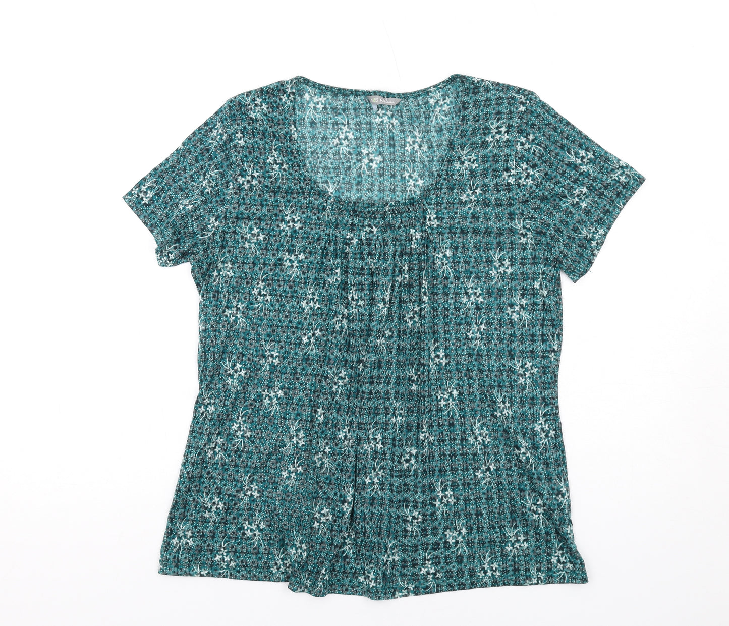 Marks and Spencer Womens Green Floral Polyester Basic T-Shirt Size 12 Scoop Neck