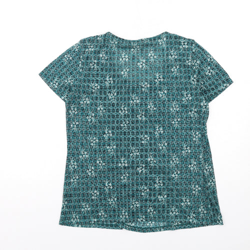 Marks and Spencer Womens Green Floral Polyester Basic T-Shirt Size 12 Scoop Neck