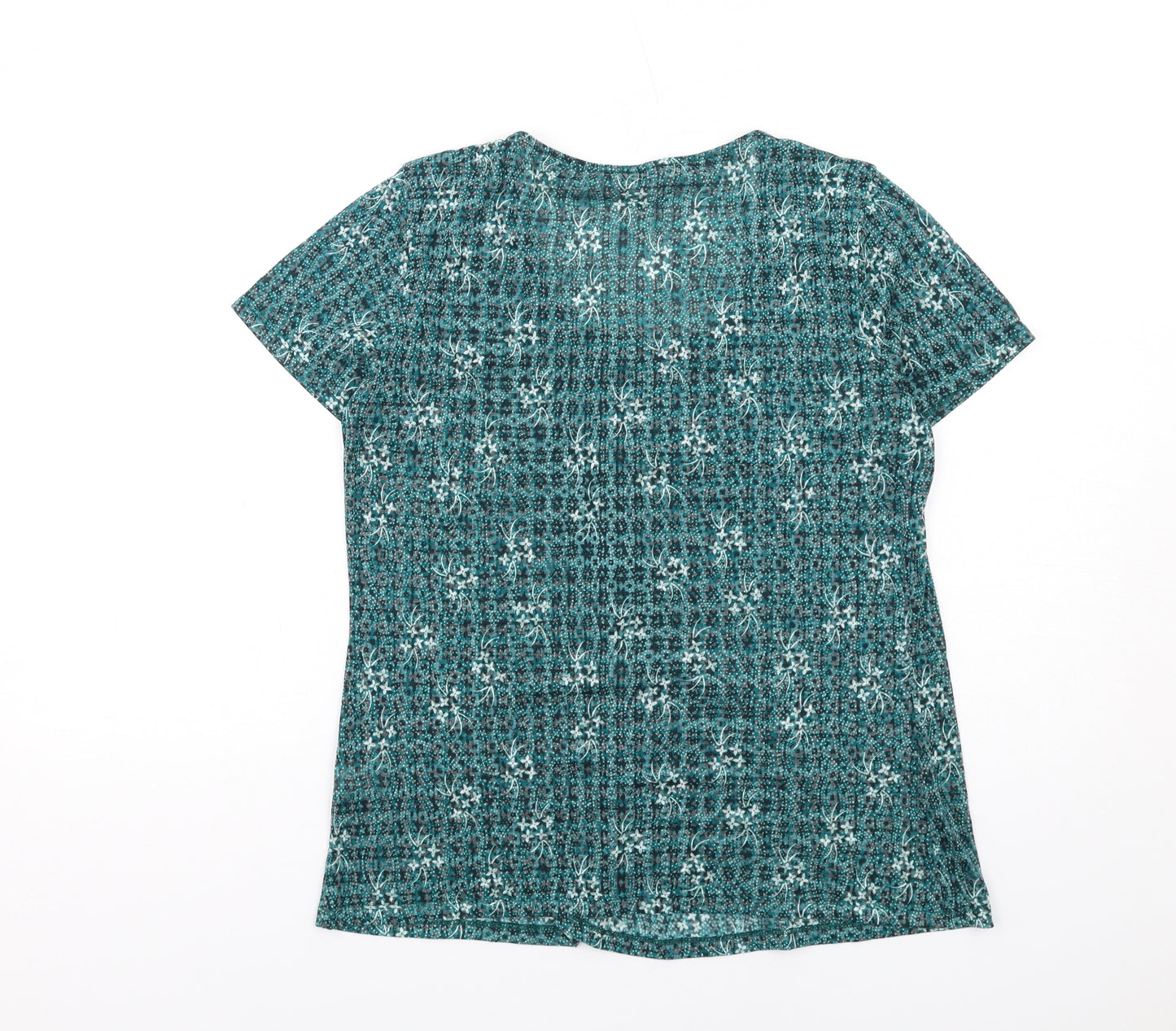 Marks and Spencer Womens Green Floral Polyester Basic T-Shirt Size 12 Scoop Neck