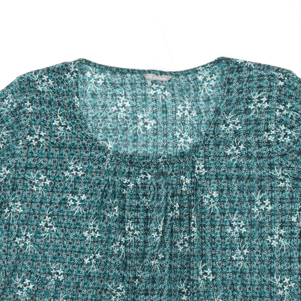 Marks and Spencer Womens Green Floral Polyester Basic T-Shirt Size 12 Scoop Neck