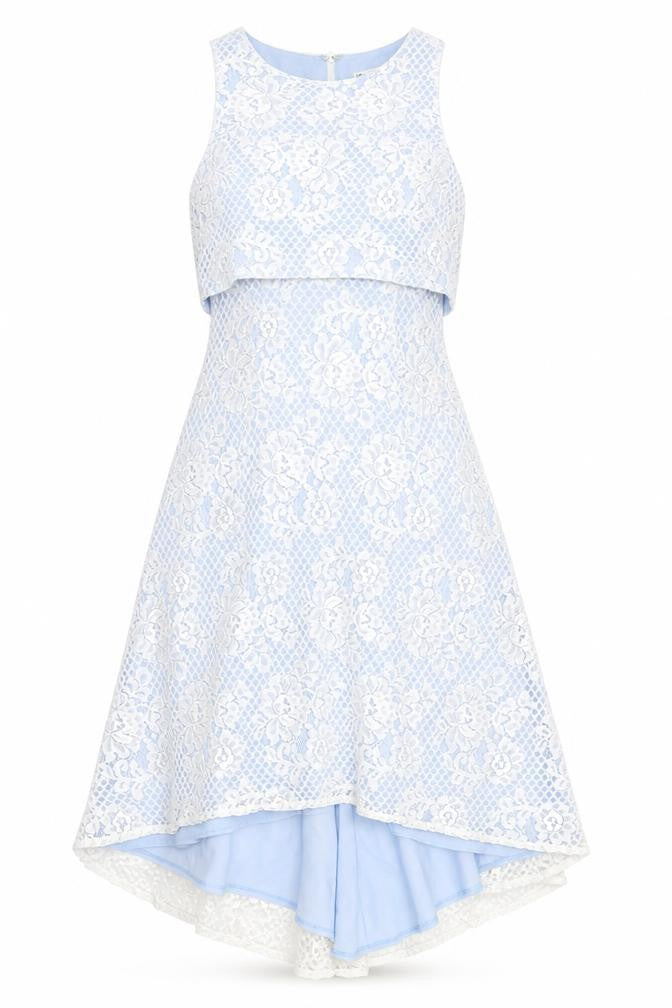 Front view of Miss Selfridge women’s blue nylon a-line, size UK 6, round neck zip