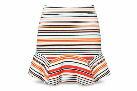 Front view of Oasis women’s multicoloured striped polyester trumpet skirt, size UK 10, zip