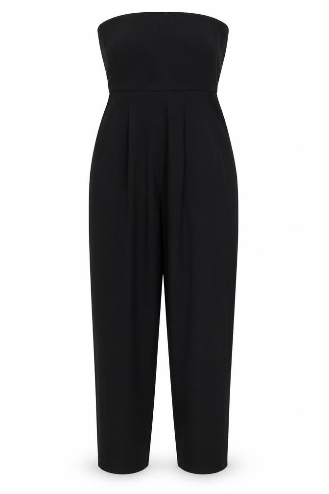 Front view of Topshop women’s black polyester jumpsuit one-piece, size UK 8, 29-inch leg zip