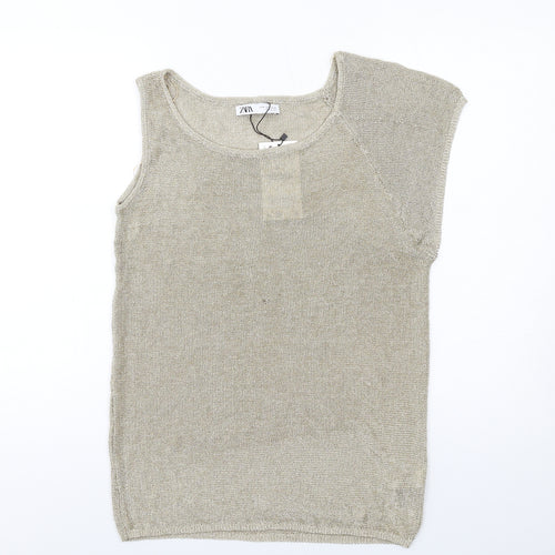 Zara Womens Gold Viscose Basic T-Shirt Size M Round Neck