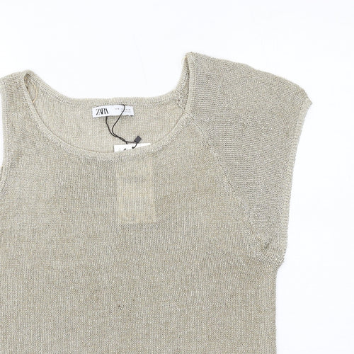 Zara Womens Gold Viscose Basic T-Shirt Size M Round Neck