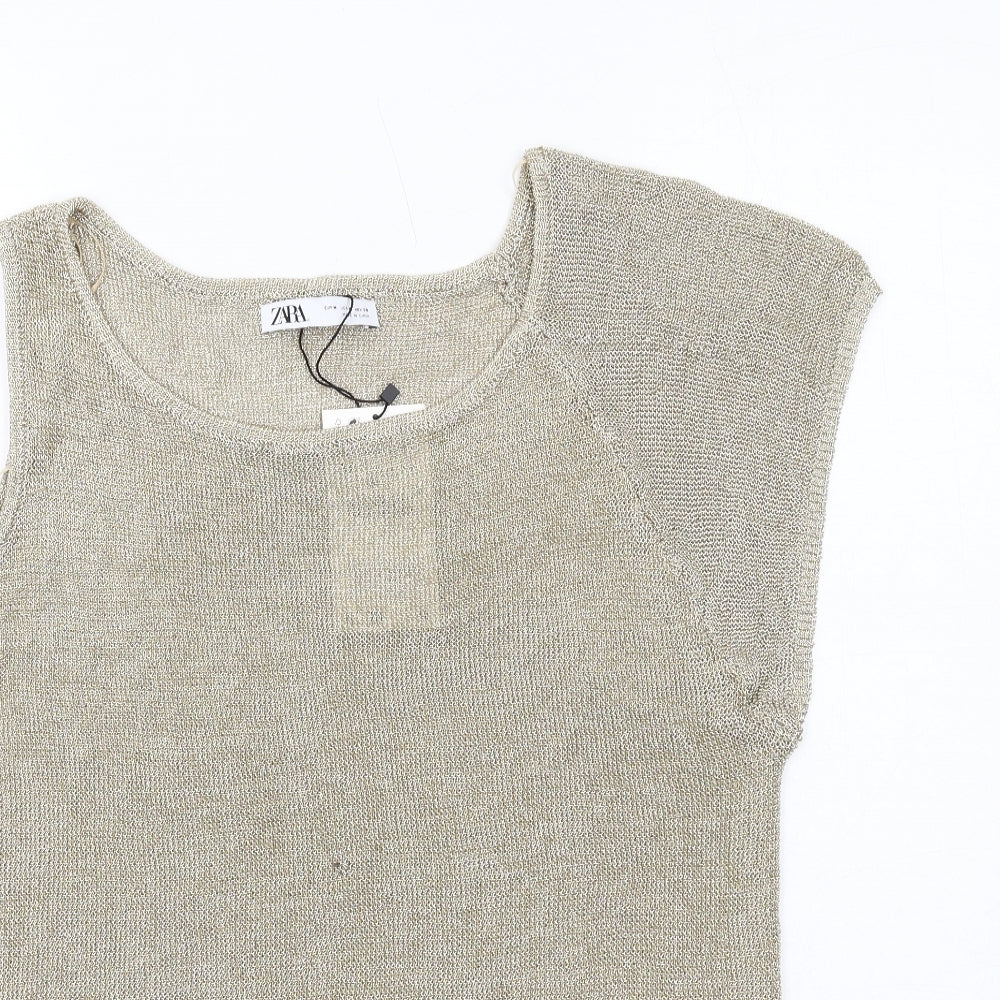 Zara Womens Gold Viscose Basic T-Shirt Size M Round Neck