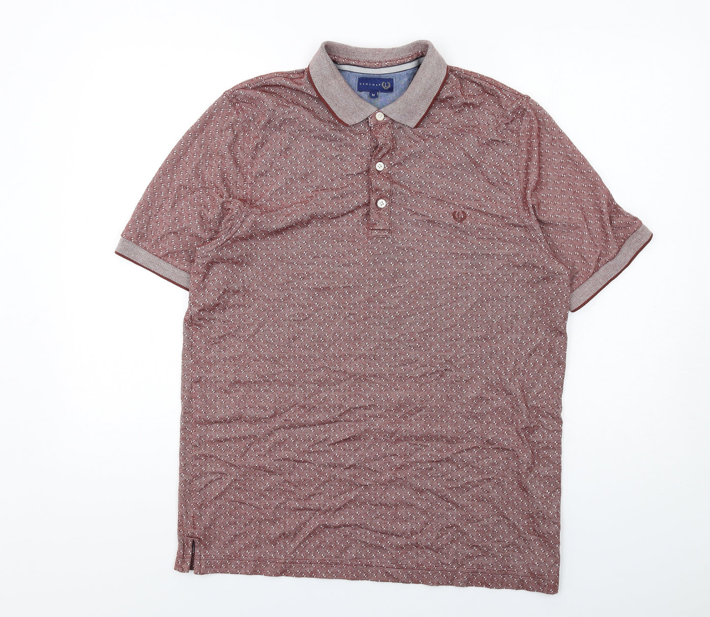 Lincoln Mens Red Geometric Polyester Polo Size M Collared Button