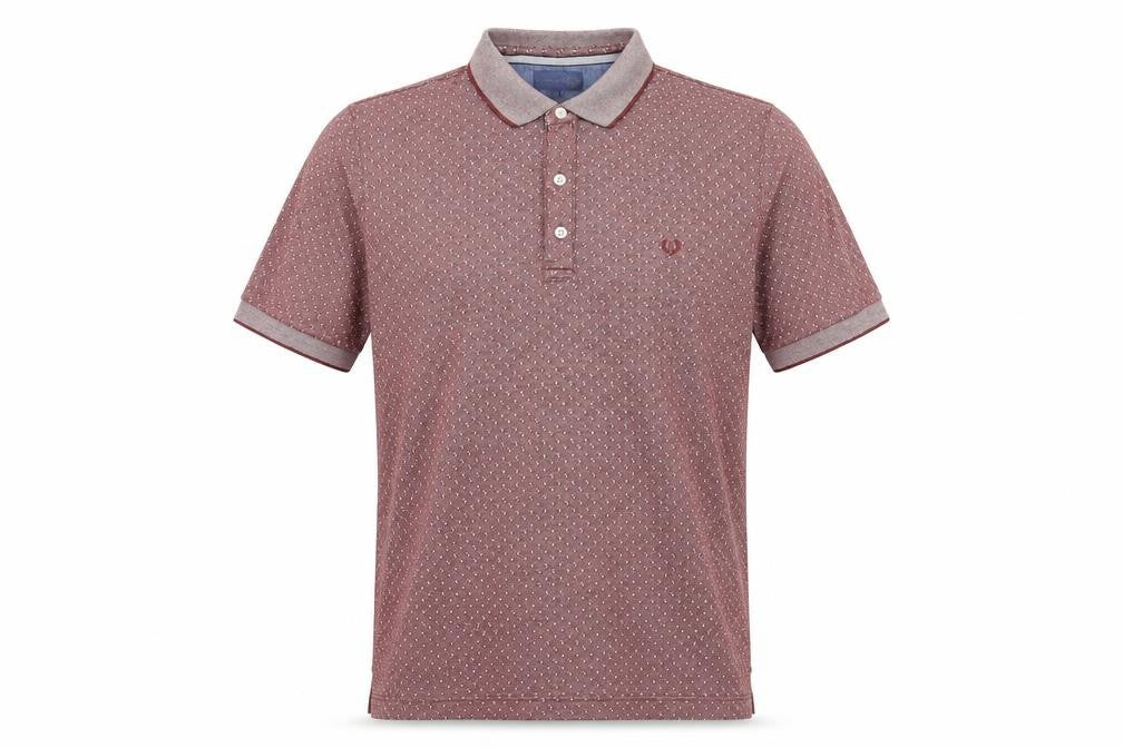 Front view of Lincoln men’s red geometric polyester polo, size M, collared button