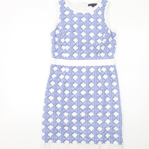 Brooks Brothers Womens Blue Geometric Cotton Shift Size 4 Round Neck Zip