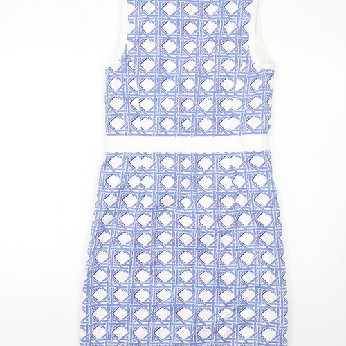 Brooks Brothers Womens Blue Geometric Cotton Shift Size 4 Round Neck Zip