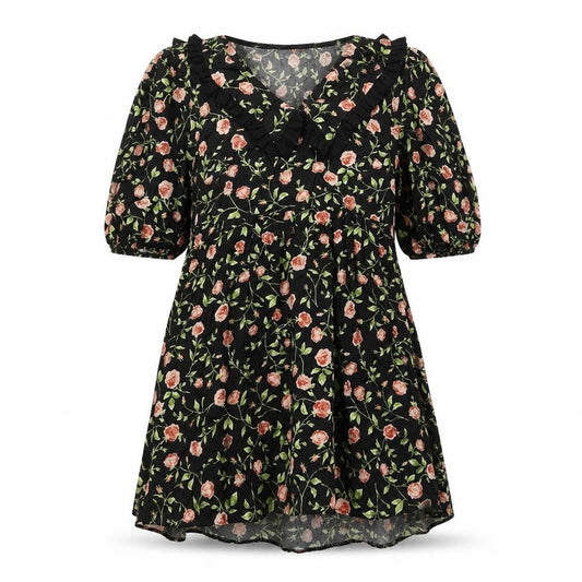 Front view of Faith women’s black floral viscose a-line, size UK 12, collared pullover
