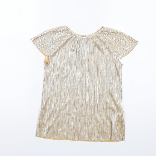 Zara Girls Gold Polyester Basic Blouse Size 9-10 Years Round Neck Pullover - Plisse Metallic