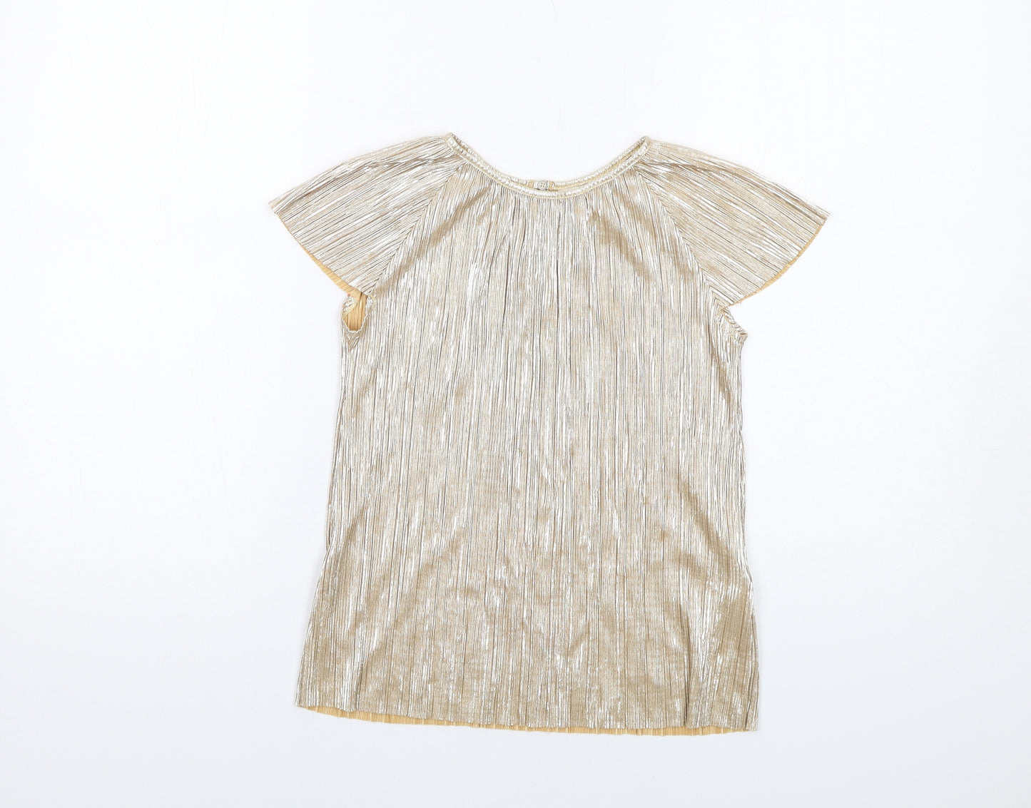 Zara Girls Gold Polyester Basic Blouse Size 9-10 Years Round Neck Pullover - Plisse Metallic