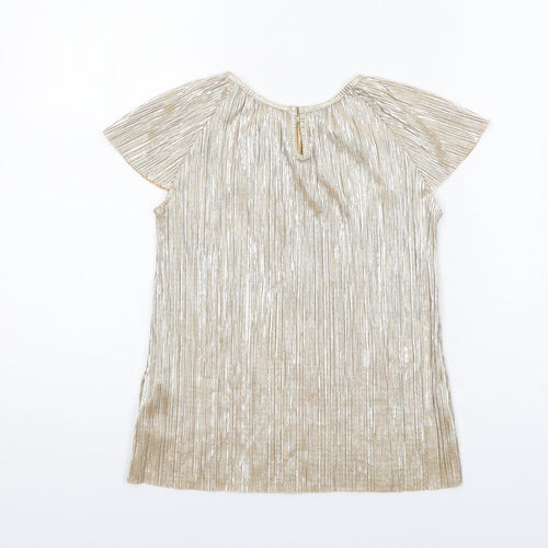 Zara Girls Gold Polyester Basic Blouse Size 9-10 Years Round Neck Pullover - Plisse Metallic