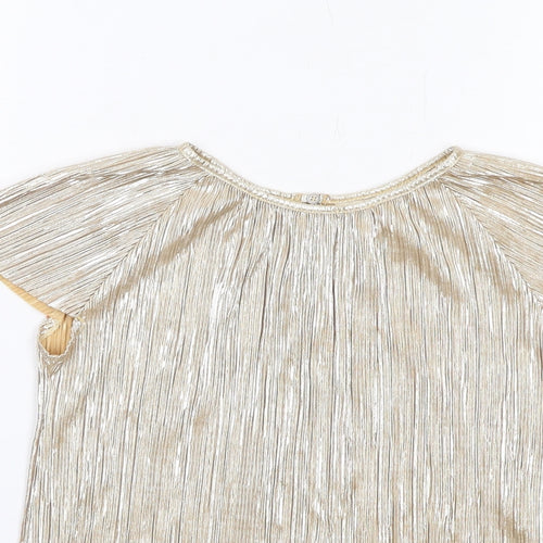 Zara Girls Gold Polyester Basic Blouse Size 9-10 Years Round Neck Pullover - Plisse Metallic