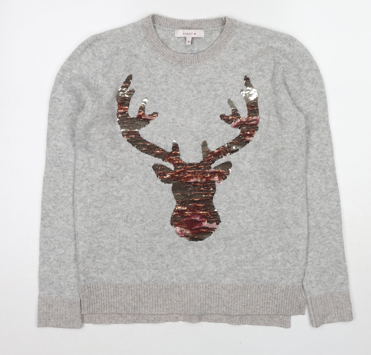 NEXT Womens Grey Crew Neck Acrylic Pullover Jumper Size 10 - Reindeer
