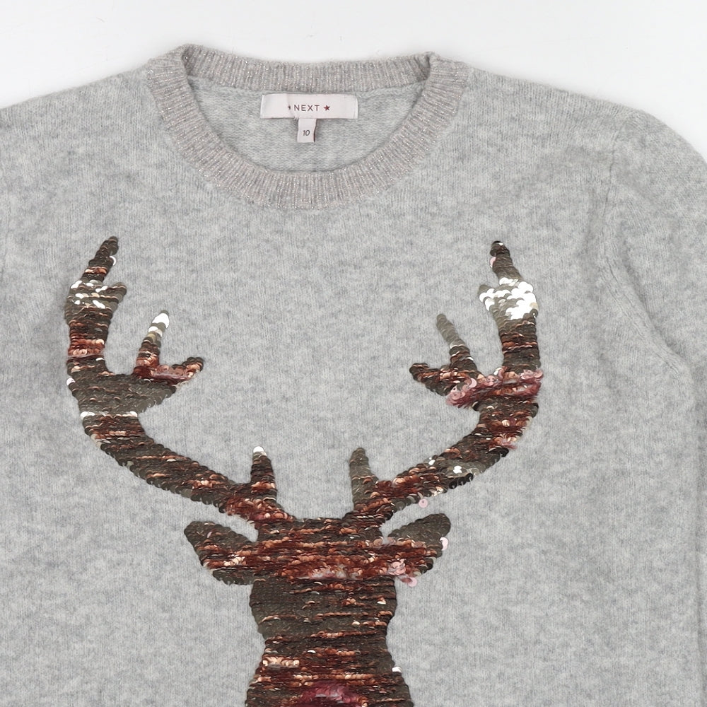 NEXT Womens Grey Crew Neck Acrylic Pullover Jumper Size 10 - Reindeer