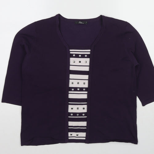Bonmarché Womens Purple Striped Viscose Basic Blouse Size L Round Neck