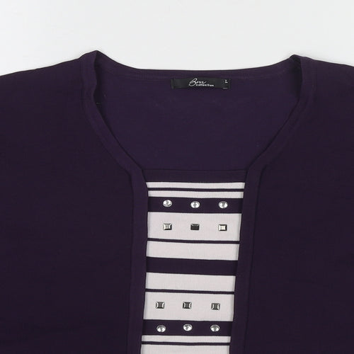 Bonmarché Womens Purple Striped Viscose Basic Blouse Size L Round Neck