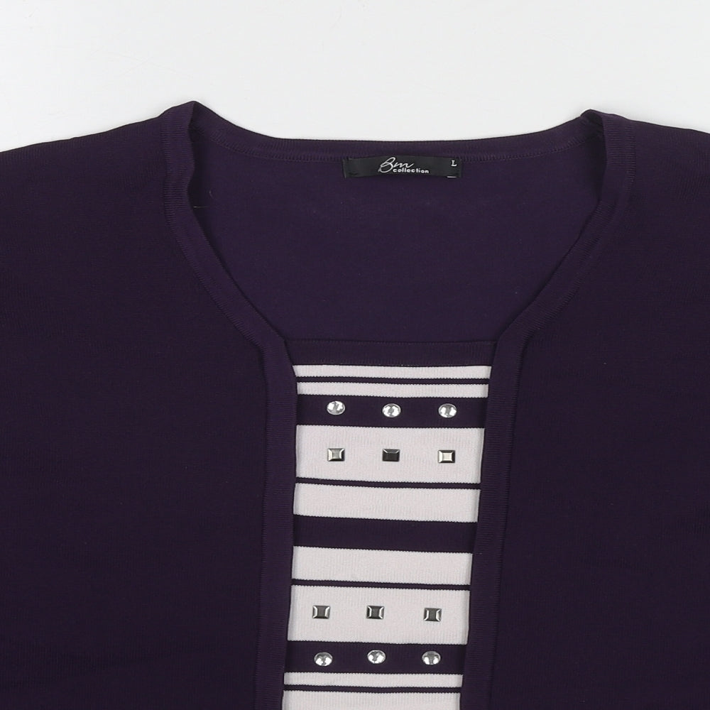 Bonmarché Womens Purple Striped Viscose Basic Blouse Size L Round Neck
