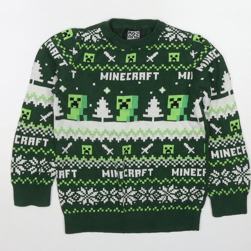 Minecraft Boys Green Crew Neck Geometric Cotton Pullover Jumper Size 8-9 Years Pullover