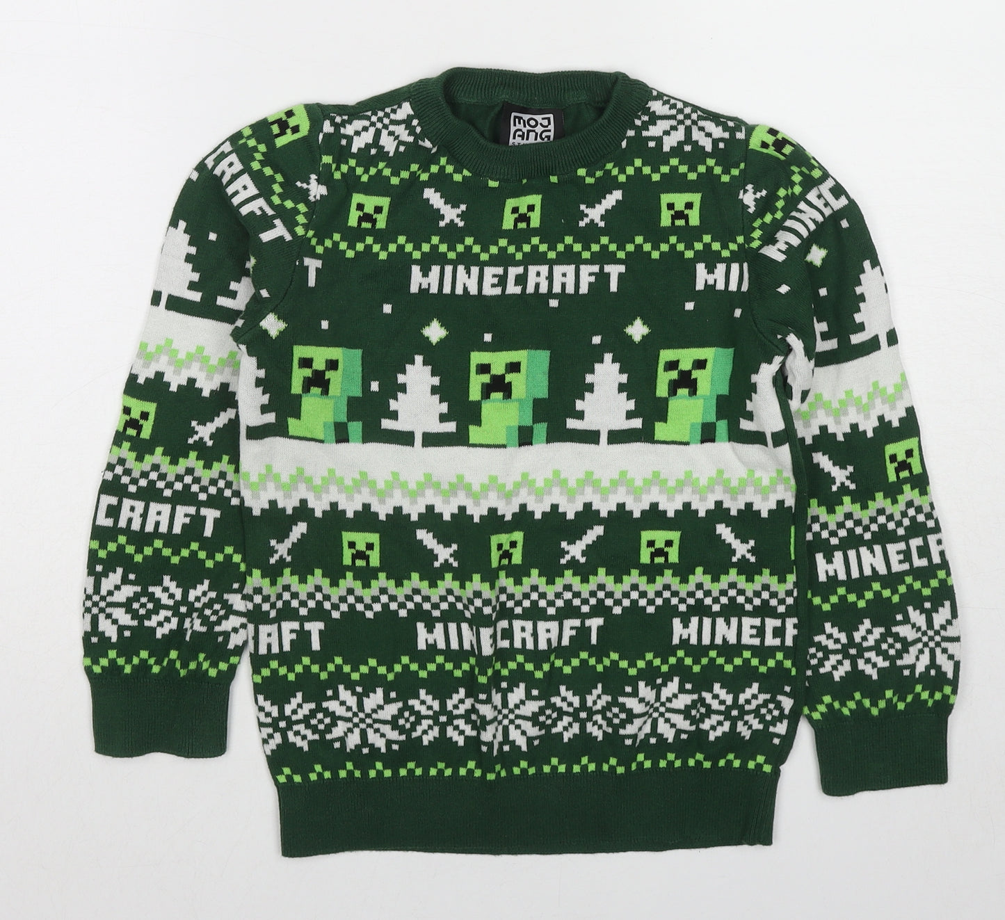 Minecraft Boys Green Crew Neck Geometric Cotton Pullover Jumper Size 8-9 Years Pullover