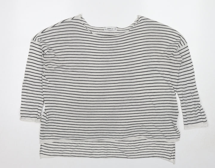 Zara Womens White Round Neck Striped Polyester Pullover Jumper Size S