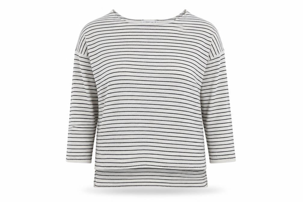 Front view of Zara women’s white round neck striped polyester jumper, size S