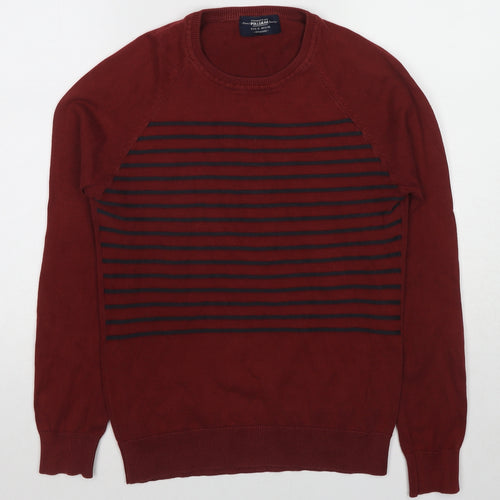 Pull&Bear Mens Red Round Neck Striped Polyester Pullover Jumper Size S Long Sleeve