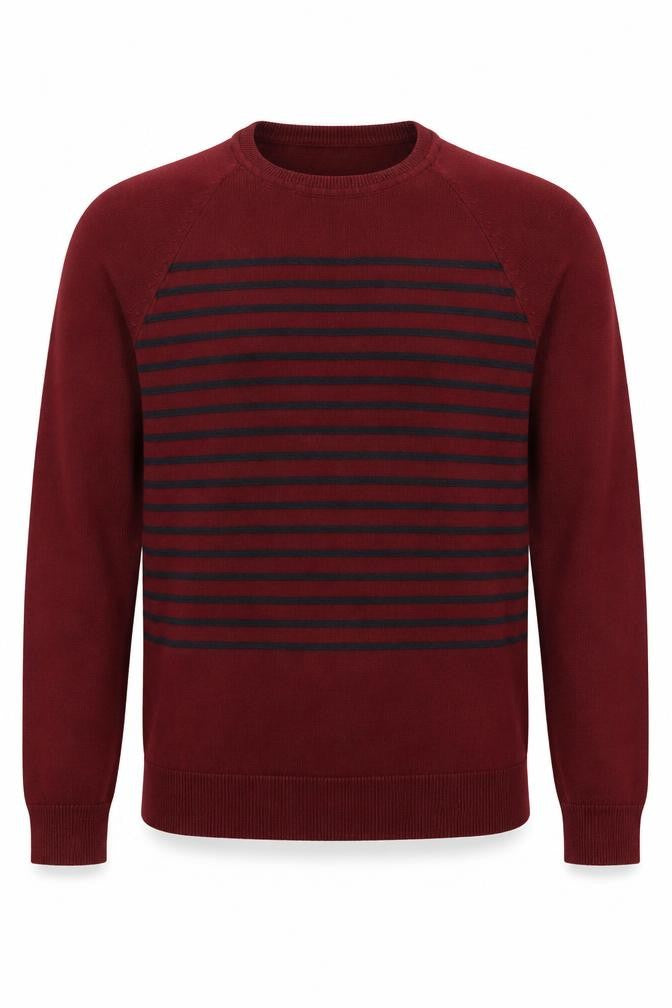 Front view of Pull&Bear men’s red round neck striped polyester jumper, size S, long sleeve