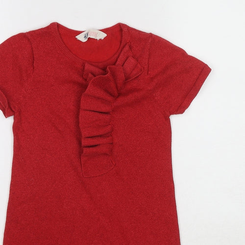 H&M Girls Red Cotton A-Line Size 7-8 Years Round Neck Pullover