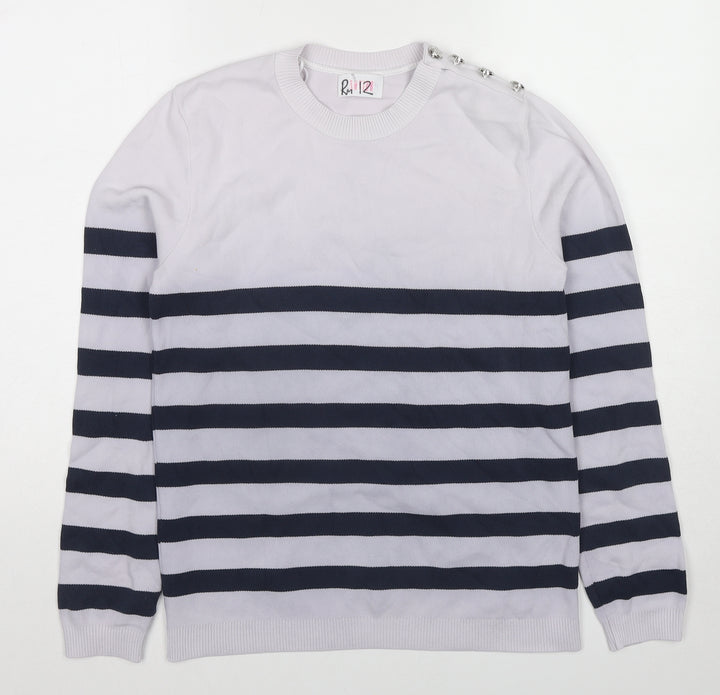 Savida Womens Blue Round Neck Striped Polyamide Pullover Jumper Size L