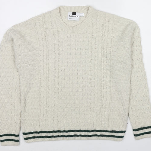 Topman Mens White Crew Neck Acrylic Pullover Jumper Size XS Long Sleeve