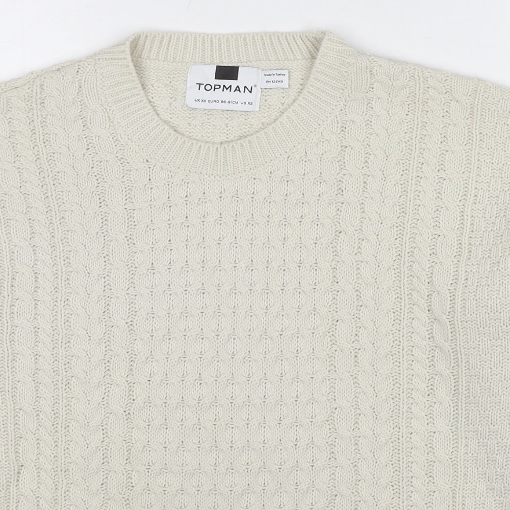Topman Mens White Crew Neck Acrylic Pullover Jumper Size XS Long Sleeve