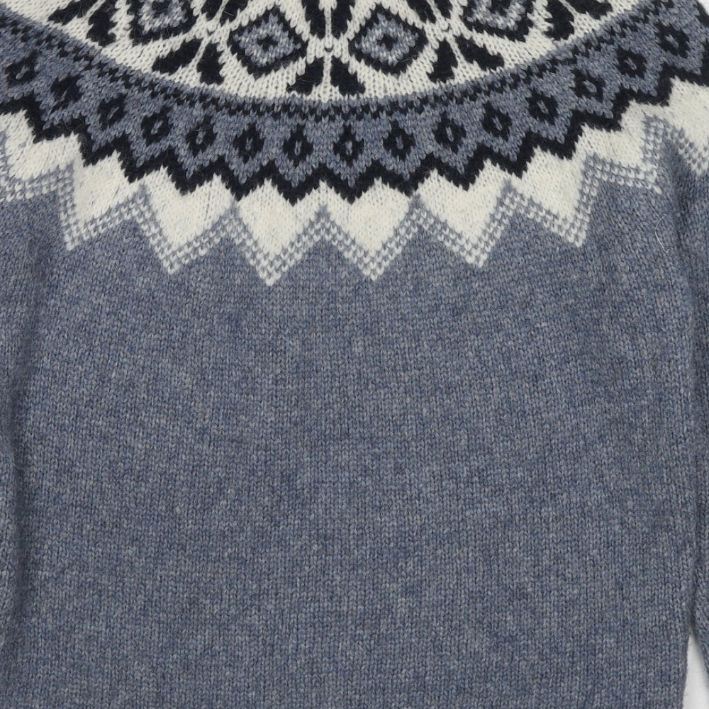 Brora Womens Blue Mock Neck Fair Isle Alpaca Pullover Jumper Size 8 - Size 8-10