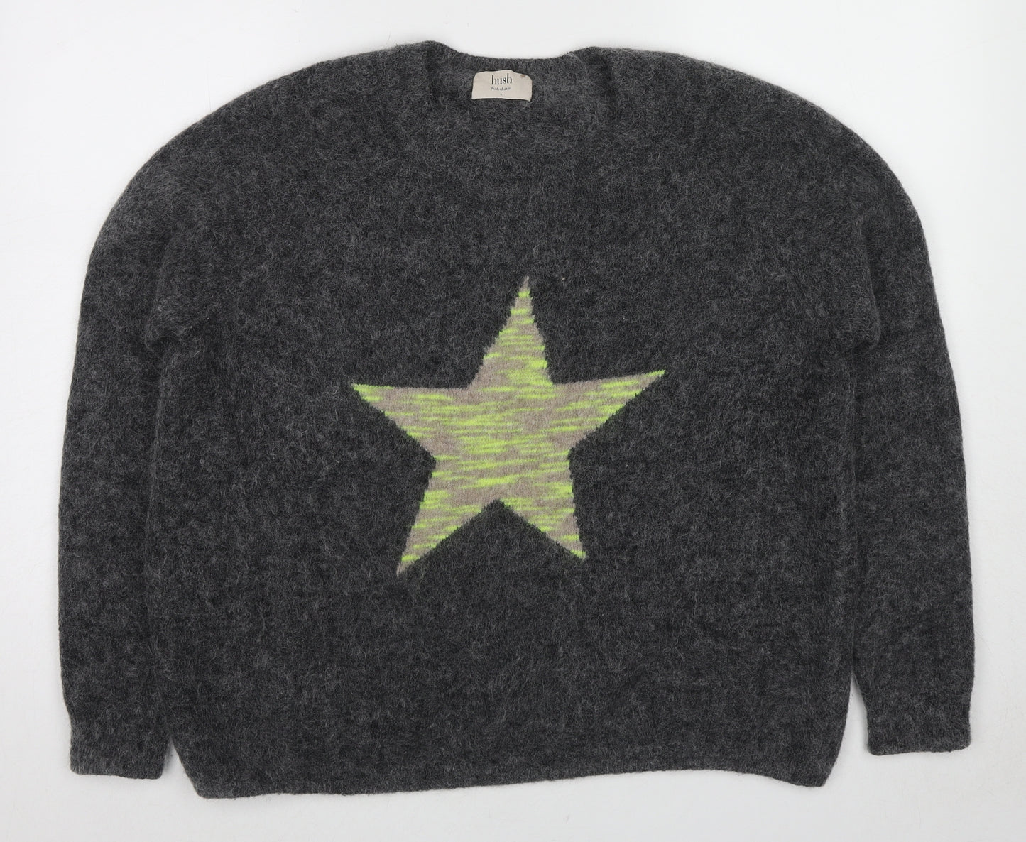 Hush Womens Grey Crew Neck Wool Pullover Jumper Size L - Star detail