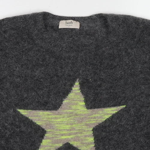 Hush Womens Grey Crew Neck Wool Pullover Jumper Size L - Star detail