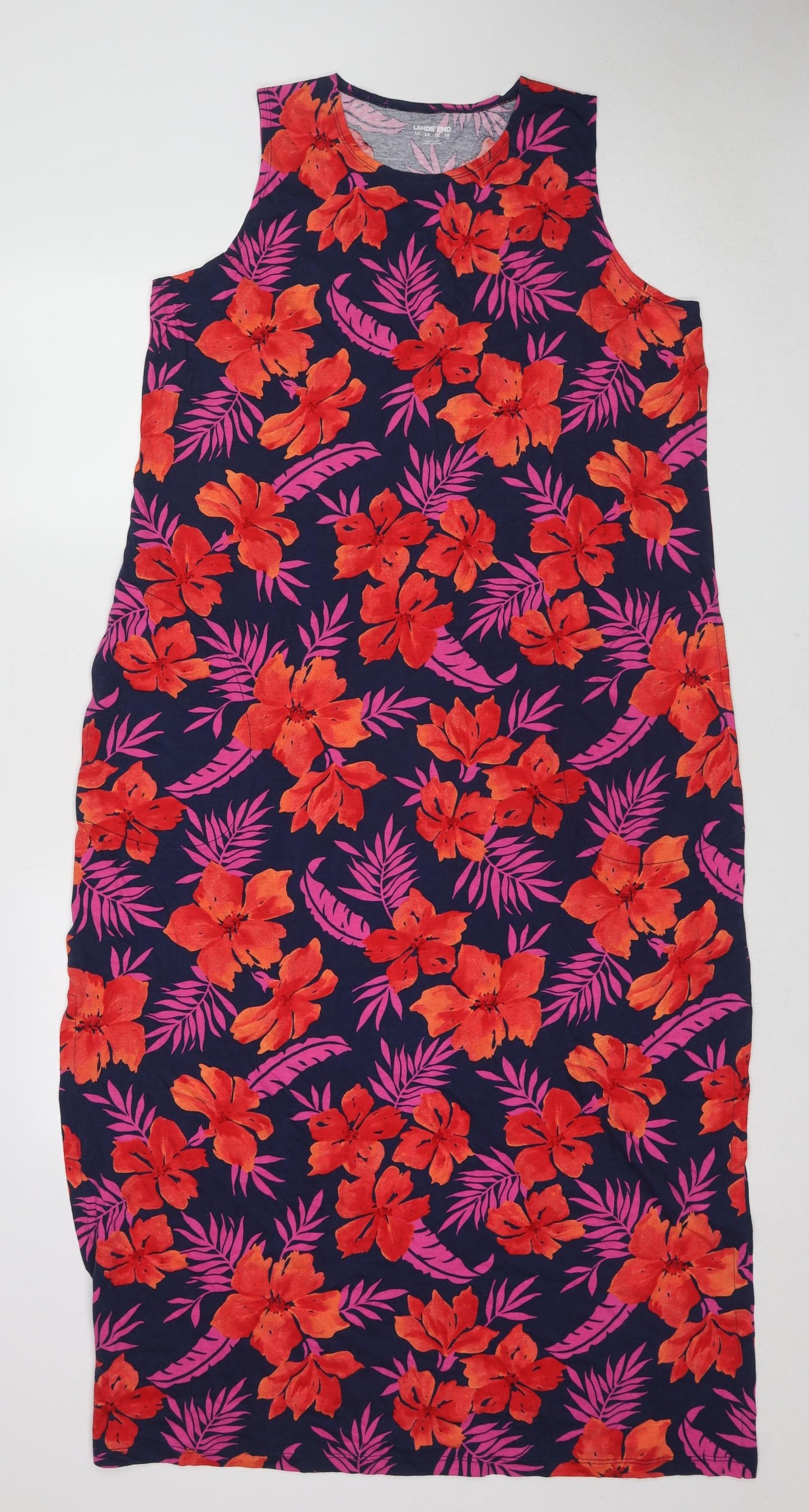 Lands' End Womens Multicoloured Floral Cotton Tank Dress Size L Round Neck Pullover