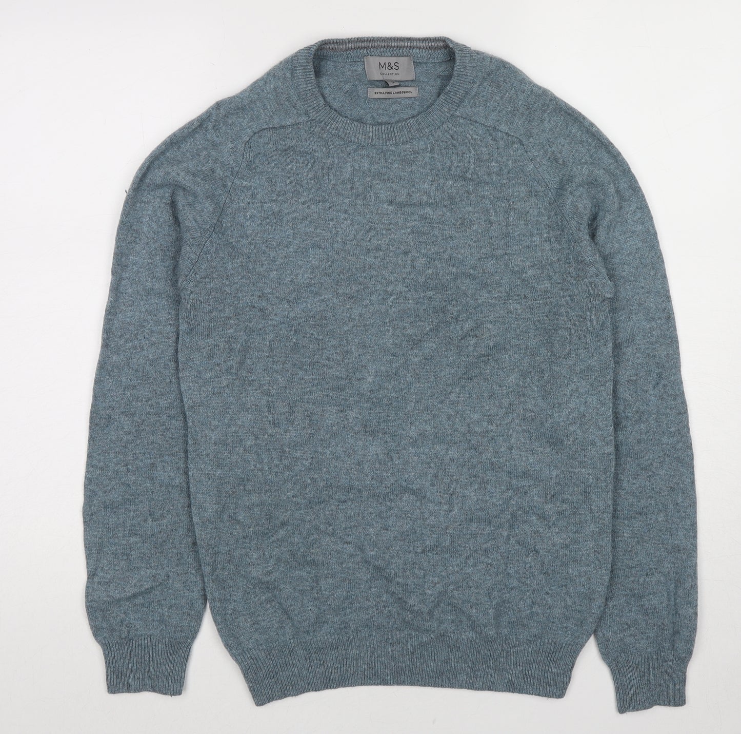 Marks and Spencer Mens Blue Crew Neck Wool Pullover Jumper Size S Long Sleeve