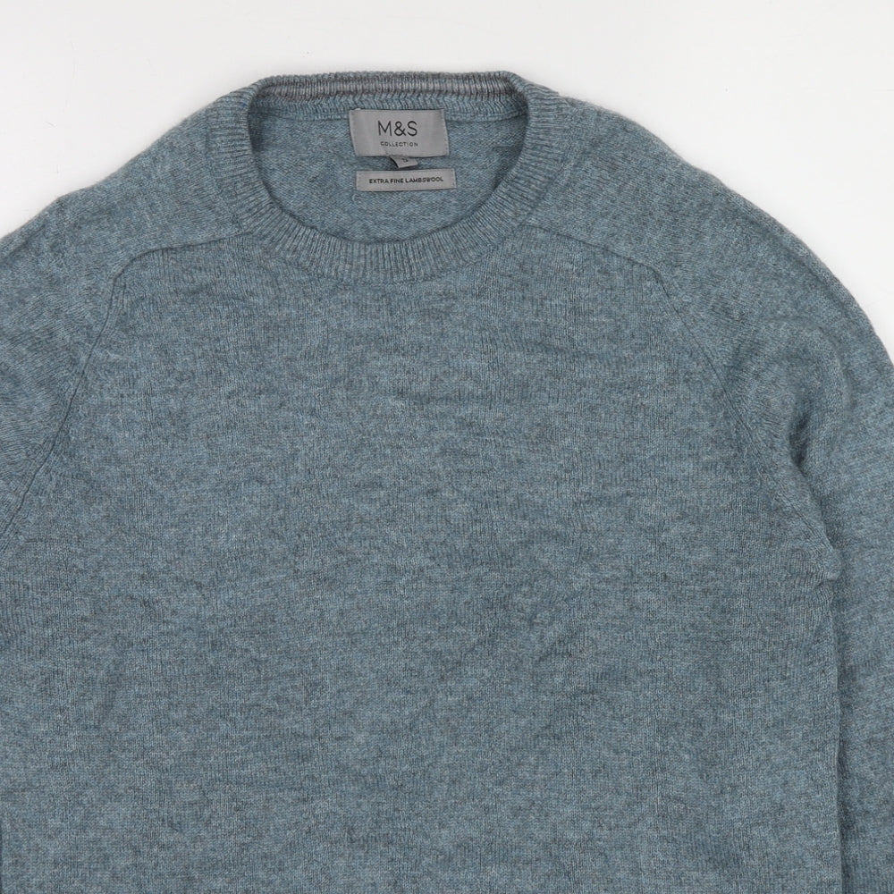 Marks and Spencer Mens Blue Crew Neck Wool Pullover Jumper Size S Long Sleeve