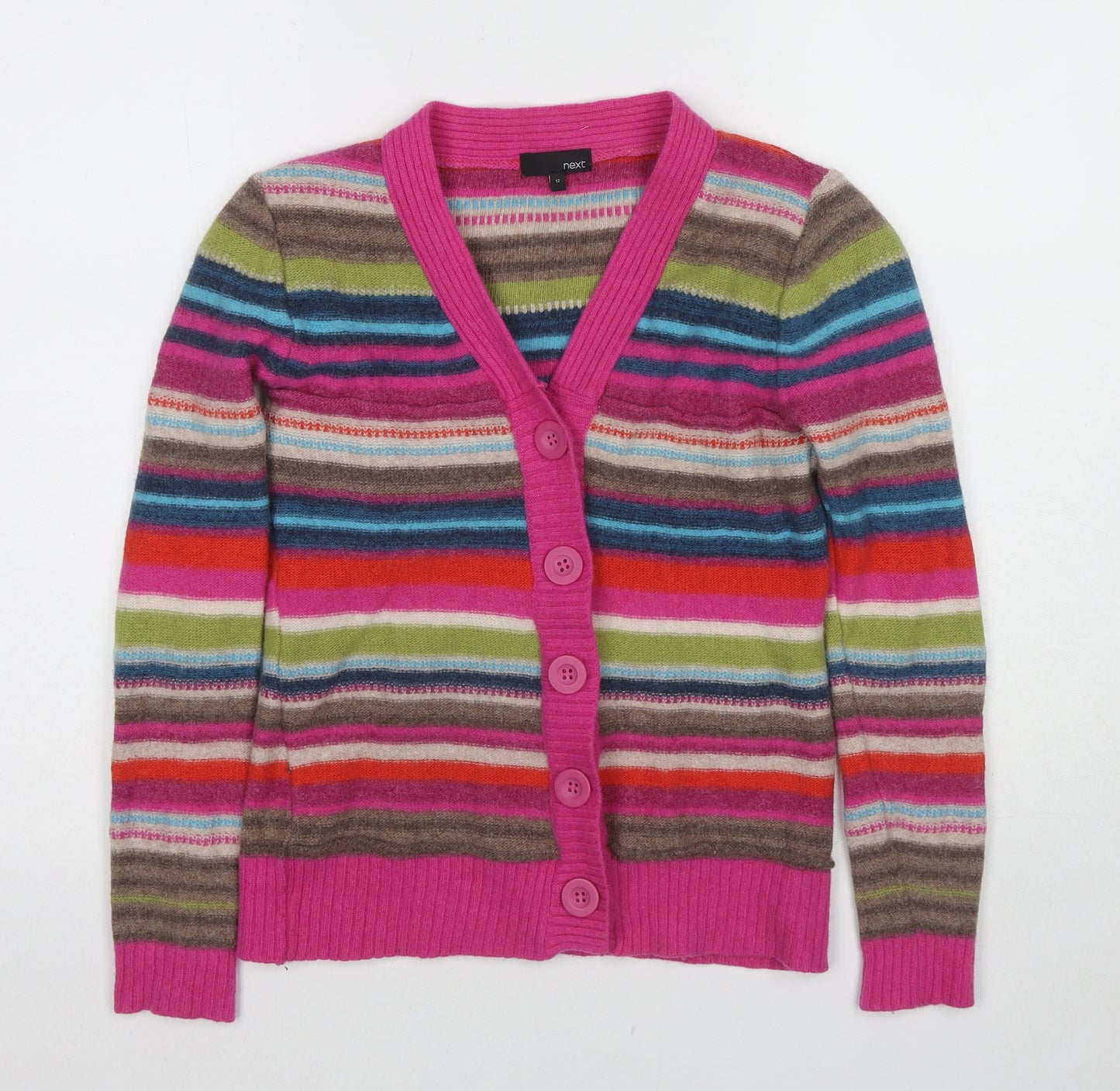NEXT Womens Multicoloured V-Neck Striped Wool Cardigan Jumper Size 12