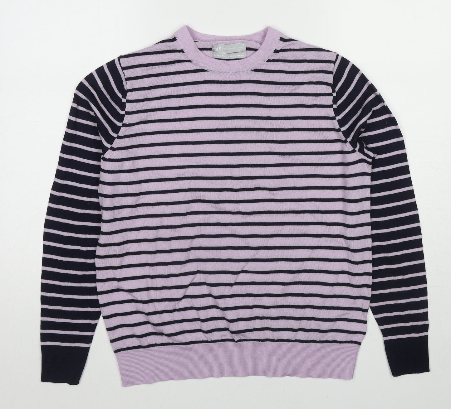 Marks and Spencer Womens Purple Round Neck Striped Wool Pullover Jumper Size 14