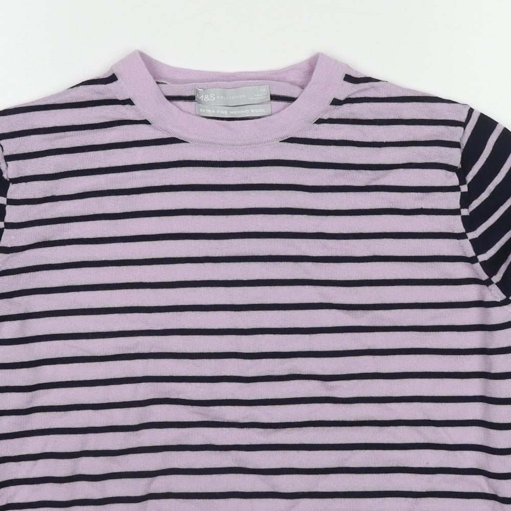 Marks and Spencer Womens Purple Round Neck Striped Wool Pullover Jumper Size 14