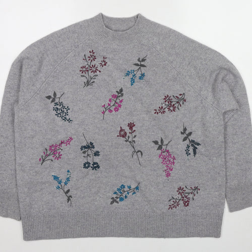 Woolovers Womens Grey Mock Neck Floral Wool Pullover Jumper Size XL