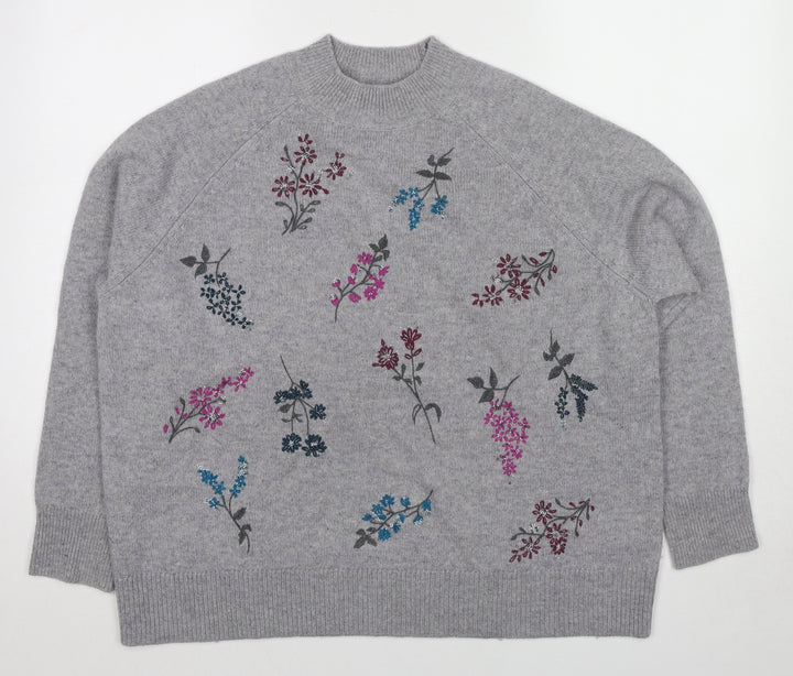 Woolovers Womens Grey Mock Neck Floral Wool Pullover Jumper Size XL
