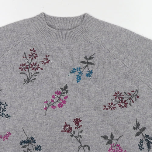 Woolovers Womens Grey Mock Neck Floral Wool Pullover Jumper Size XL