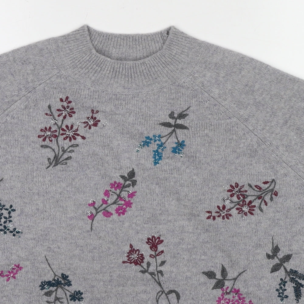 Woolovers Womens Grey Mock Neck Floral Wool Pullover Jumper Size XL