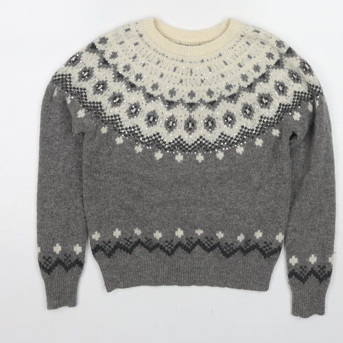 Jack Wills Womens Grey Round Neck Fair Isle Wool Pullover Jumper Size 8